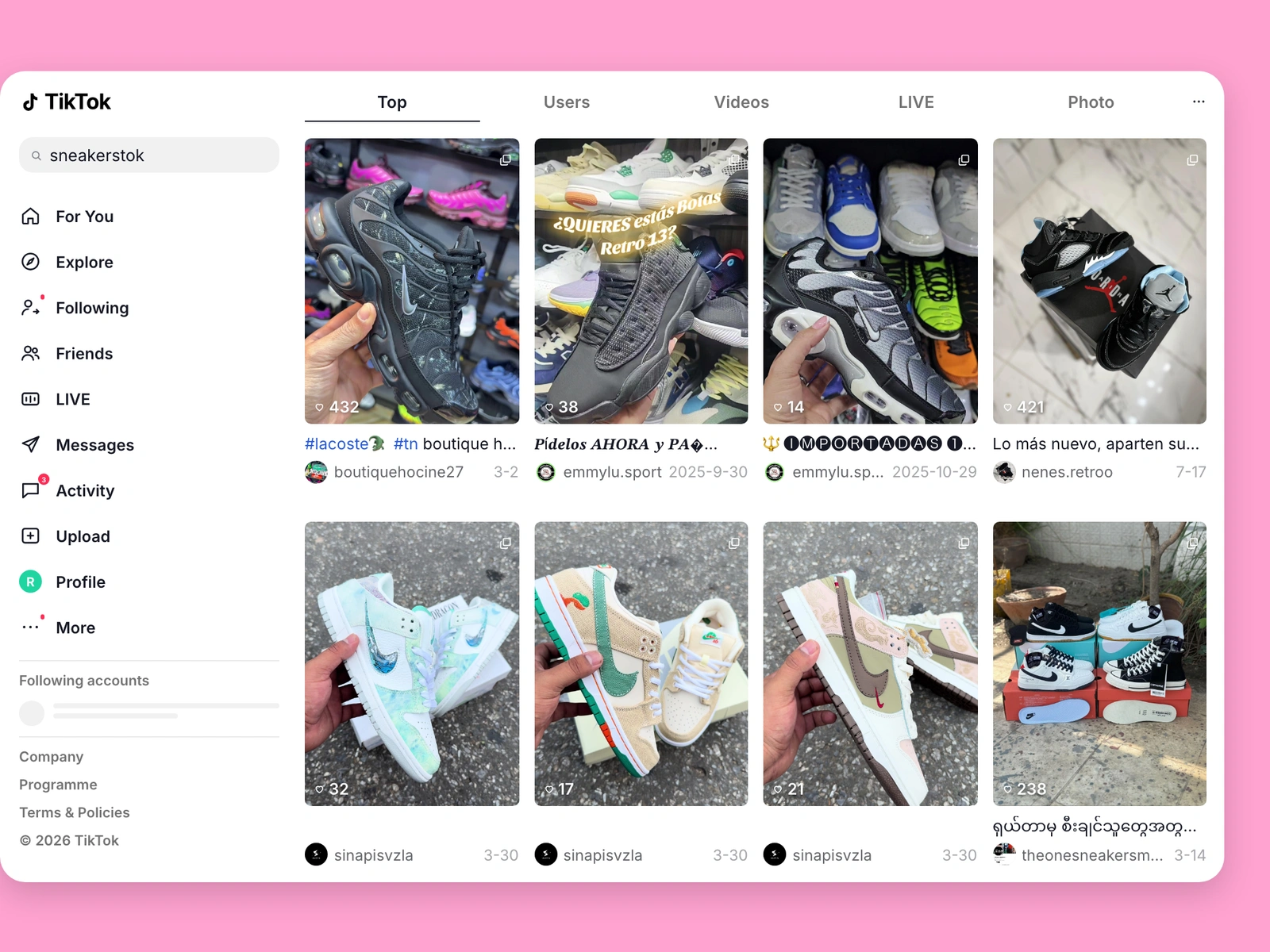 TikTok search results for sneakers content