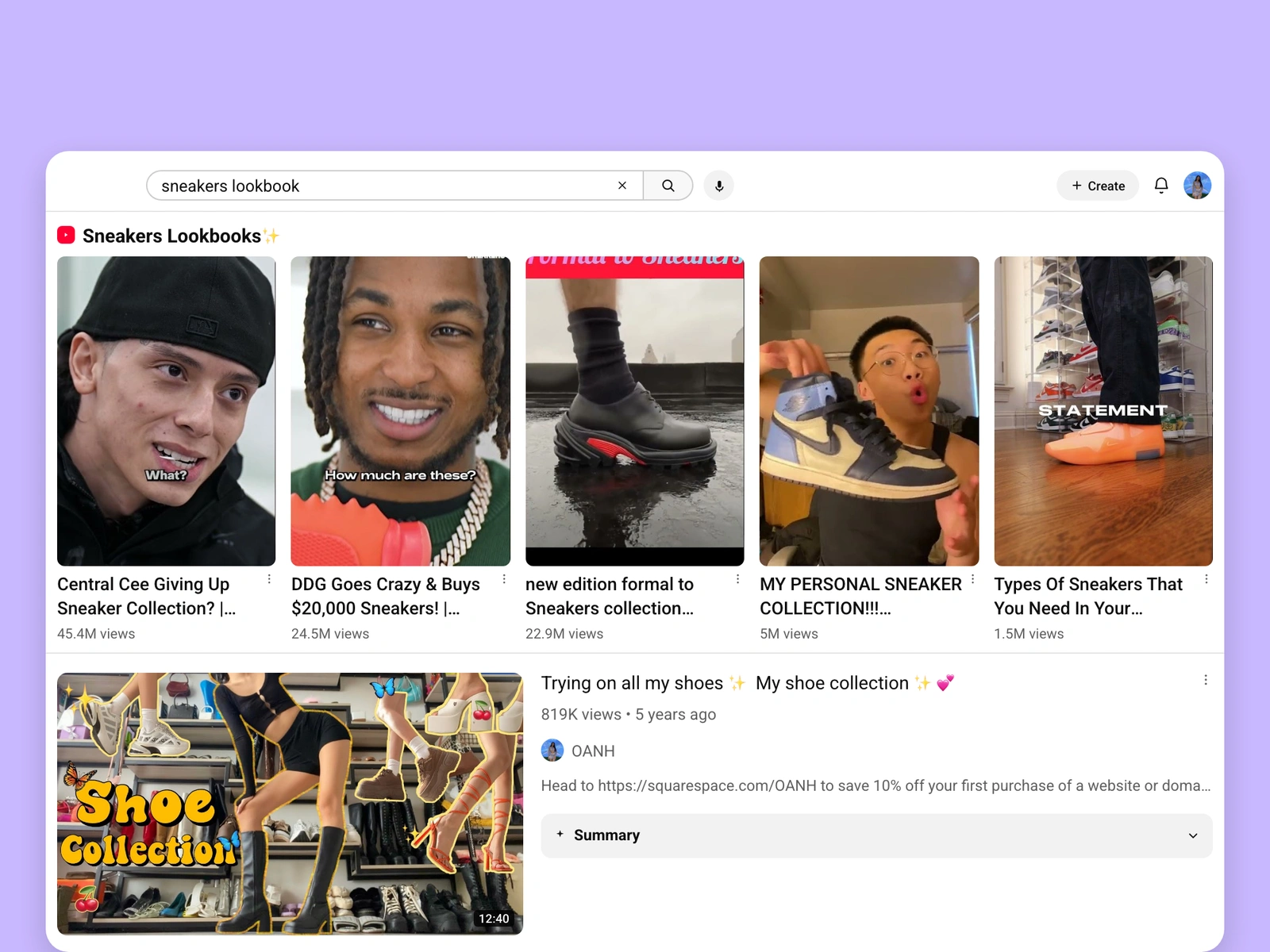 YouTube search results for sneakers videos