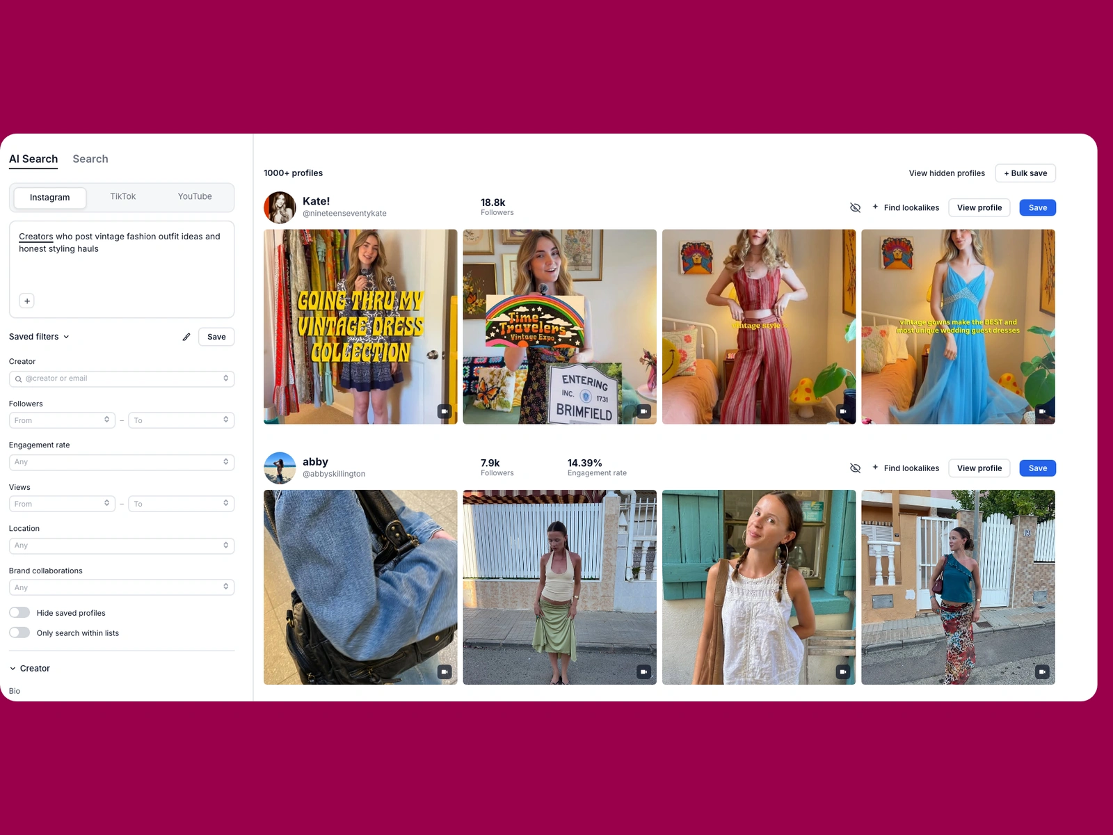 Modash AI search for vintage fashion creators