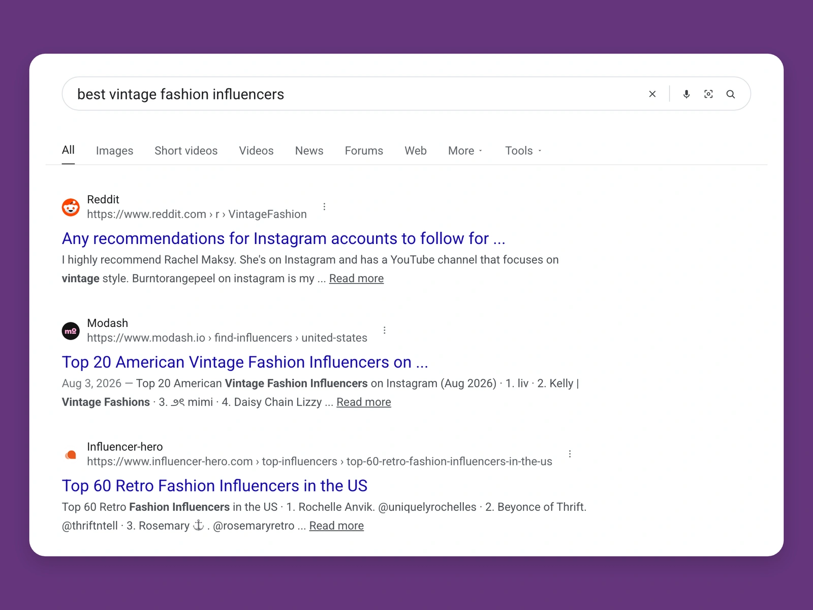 Google results for best vintage fashion bloggers
