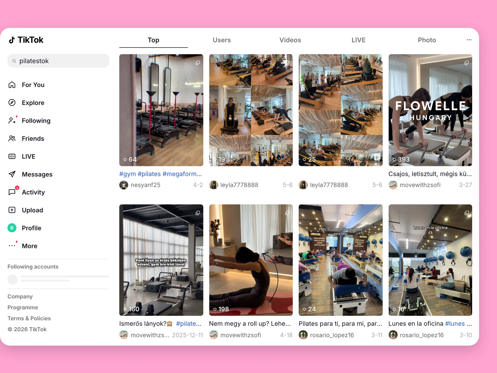 TikTok search results for pilates content