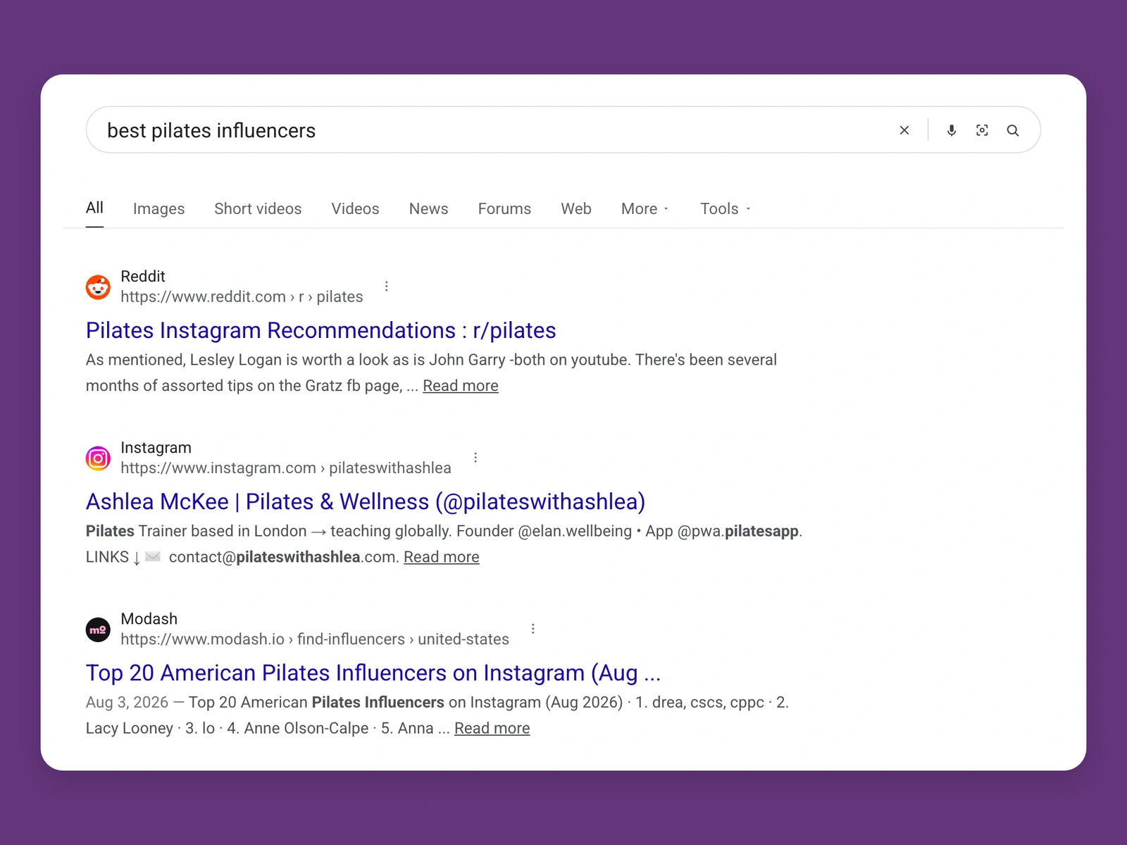 Google results for best pilates bloggers