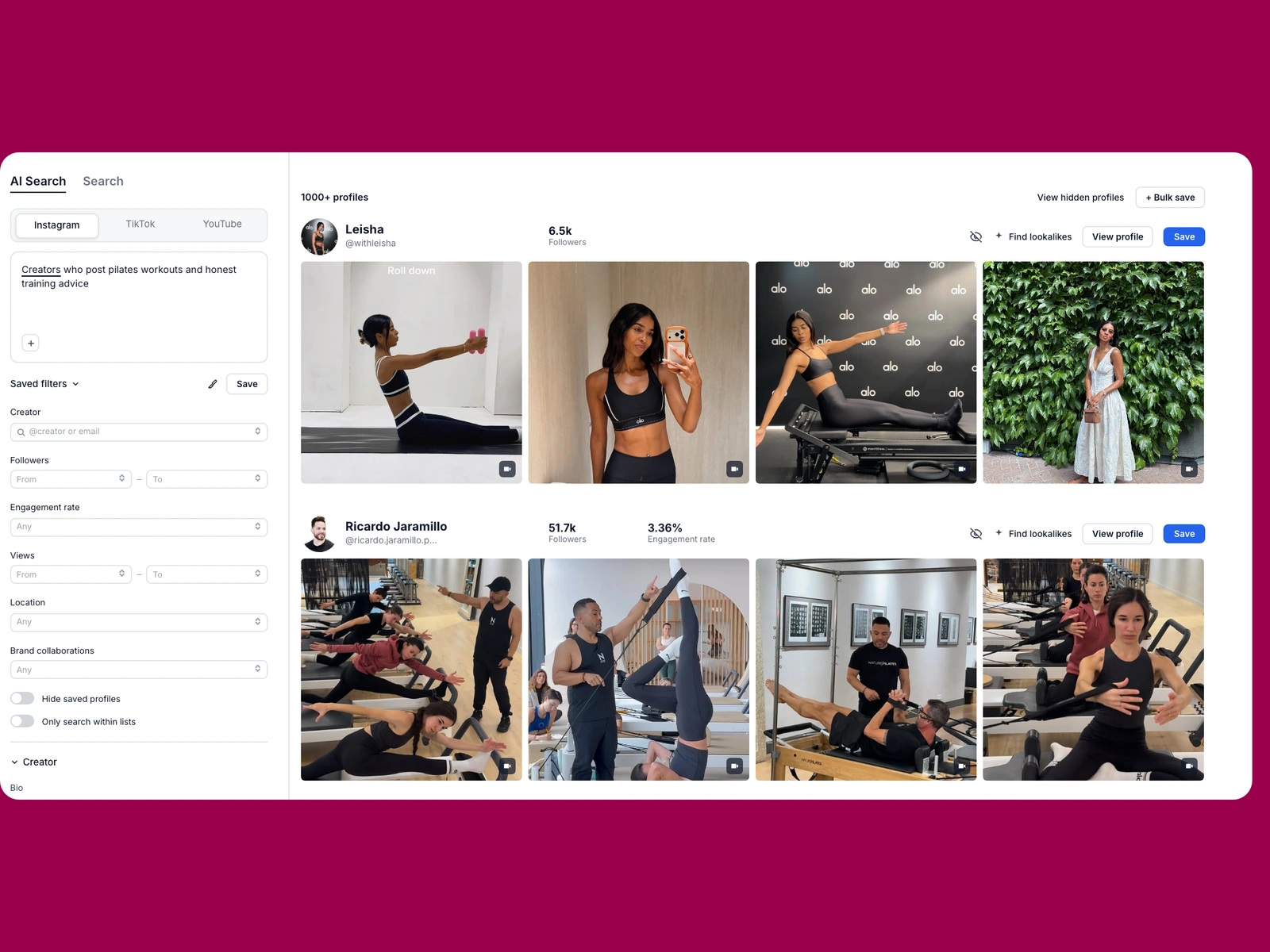 Modash AI search for pilates creators