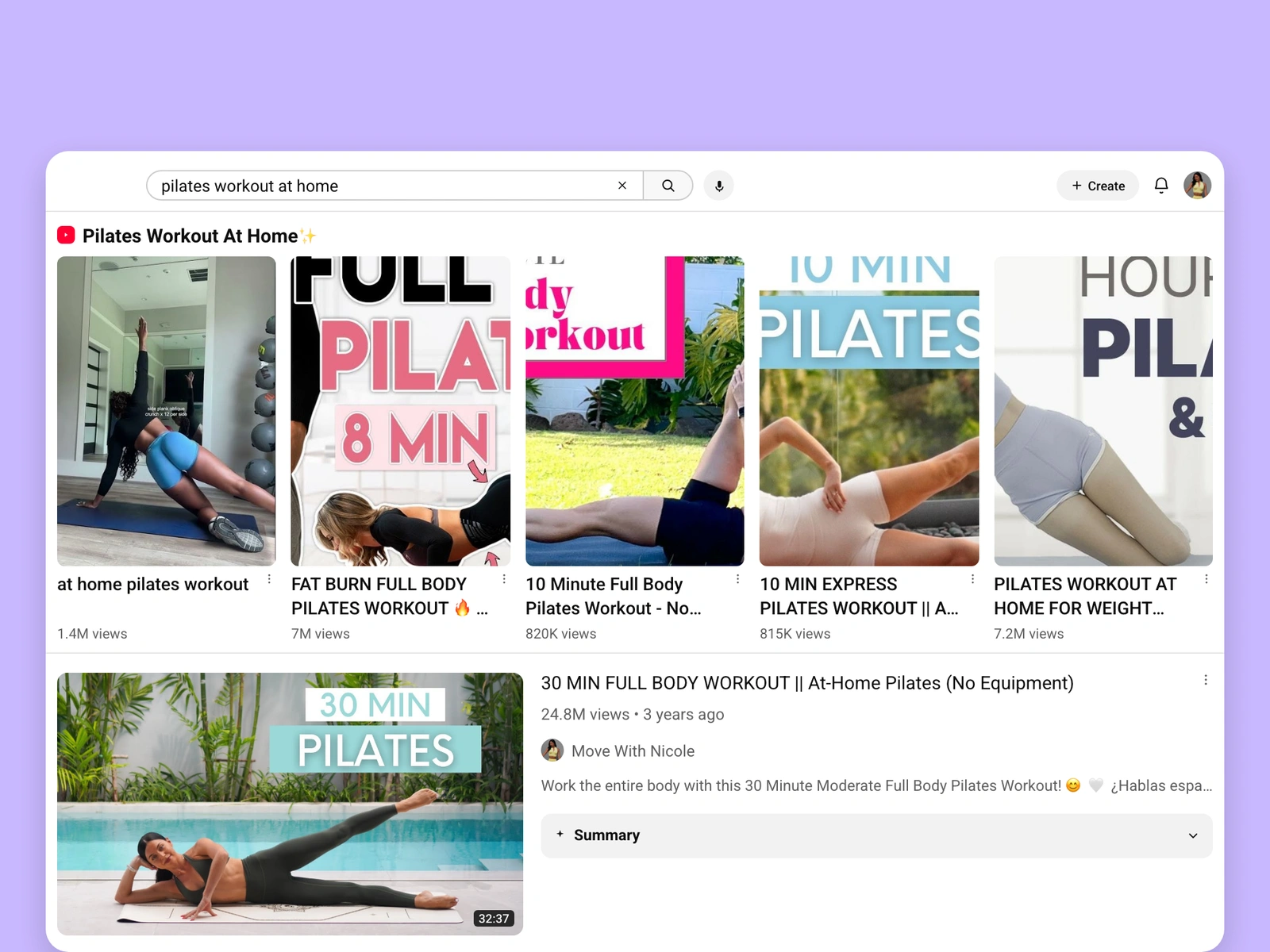 YouTube search results for pilates videos
