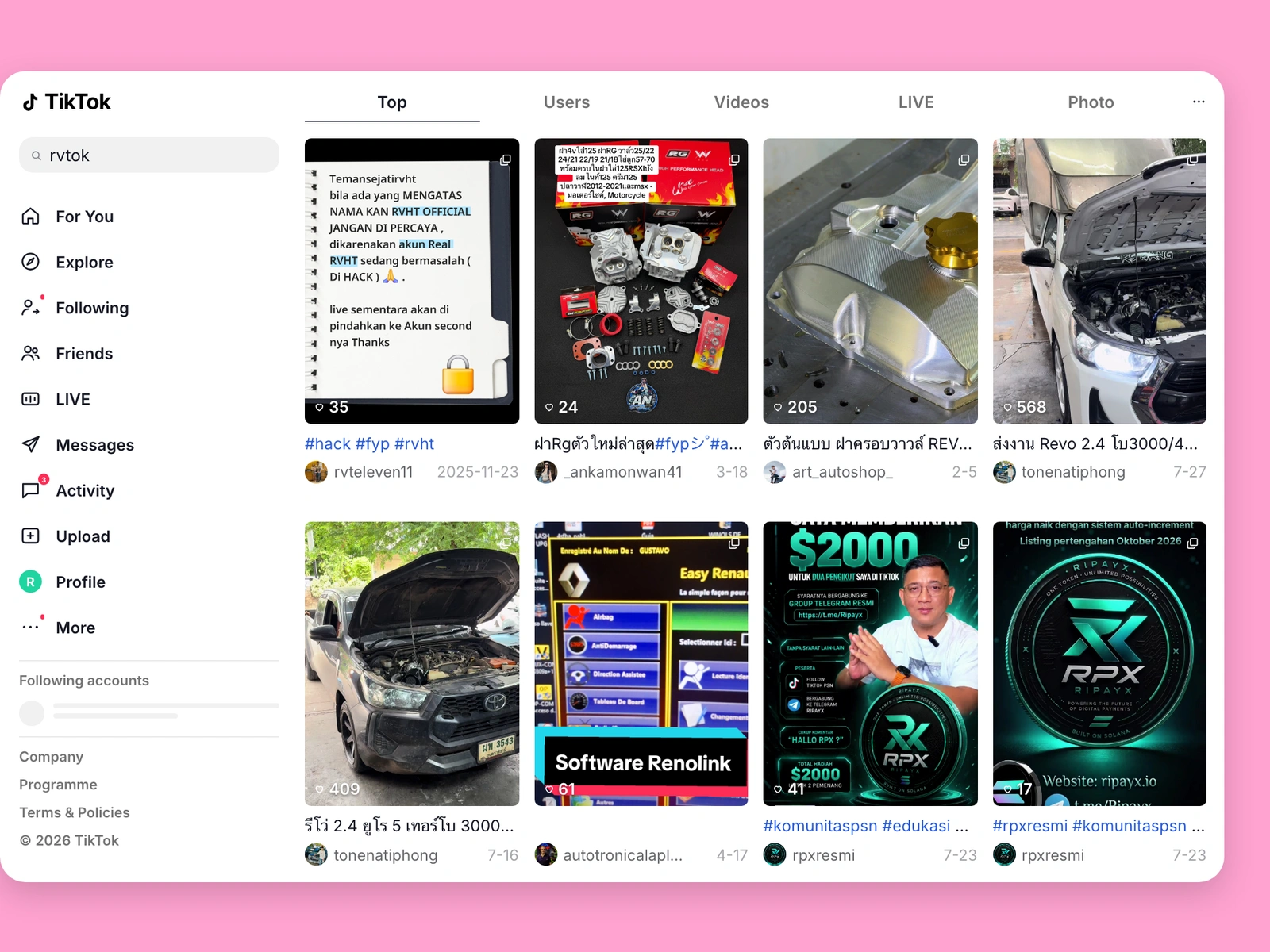 TikTok search results for rv content