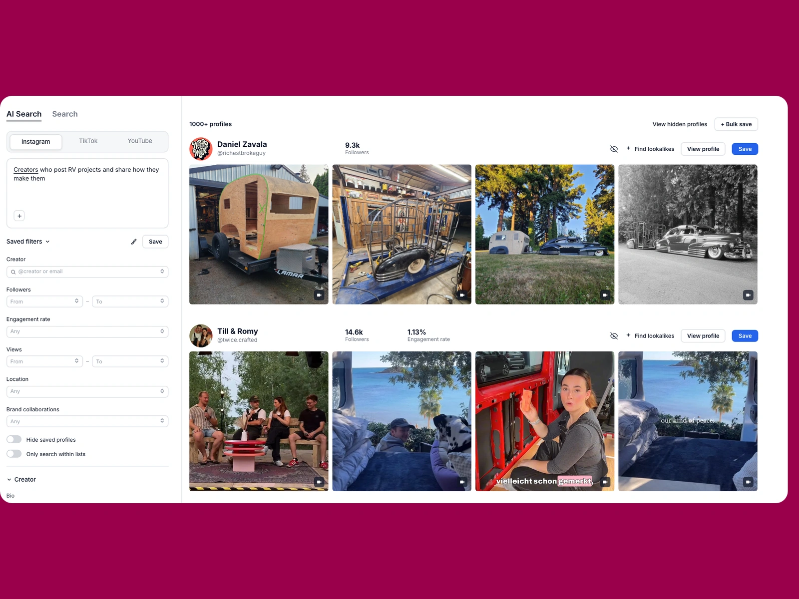 Modash AI search for rv creators