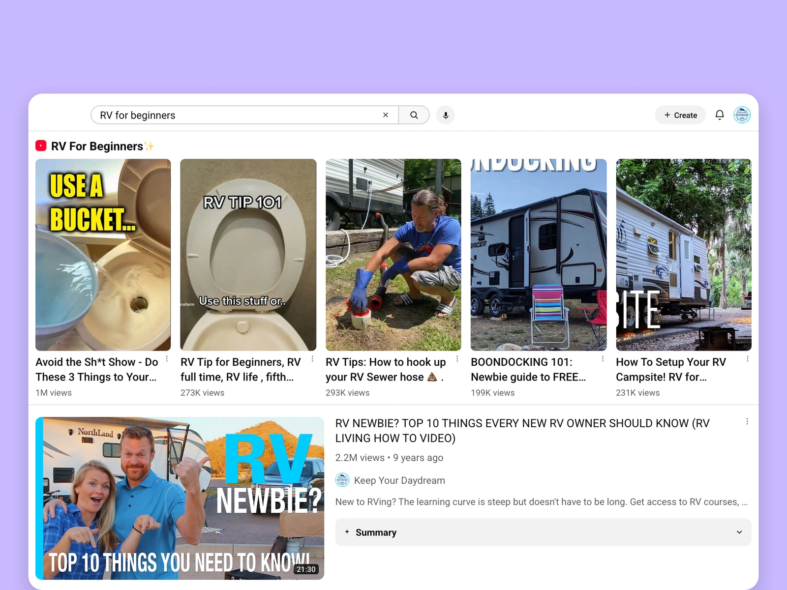 YouTube search results for rv videos