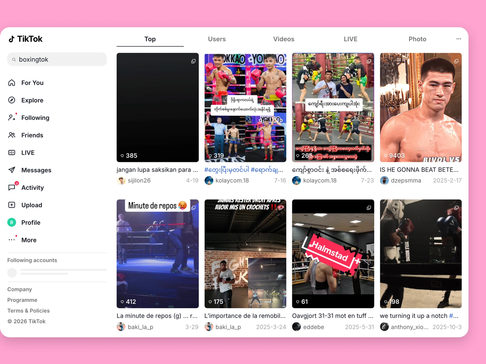 TikTok search results for boxing content