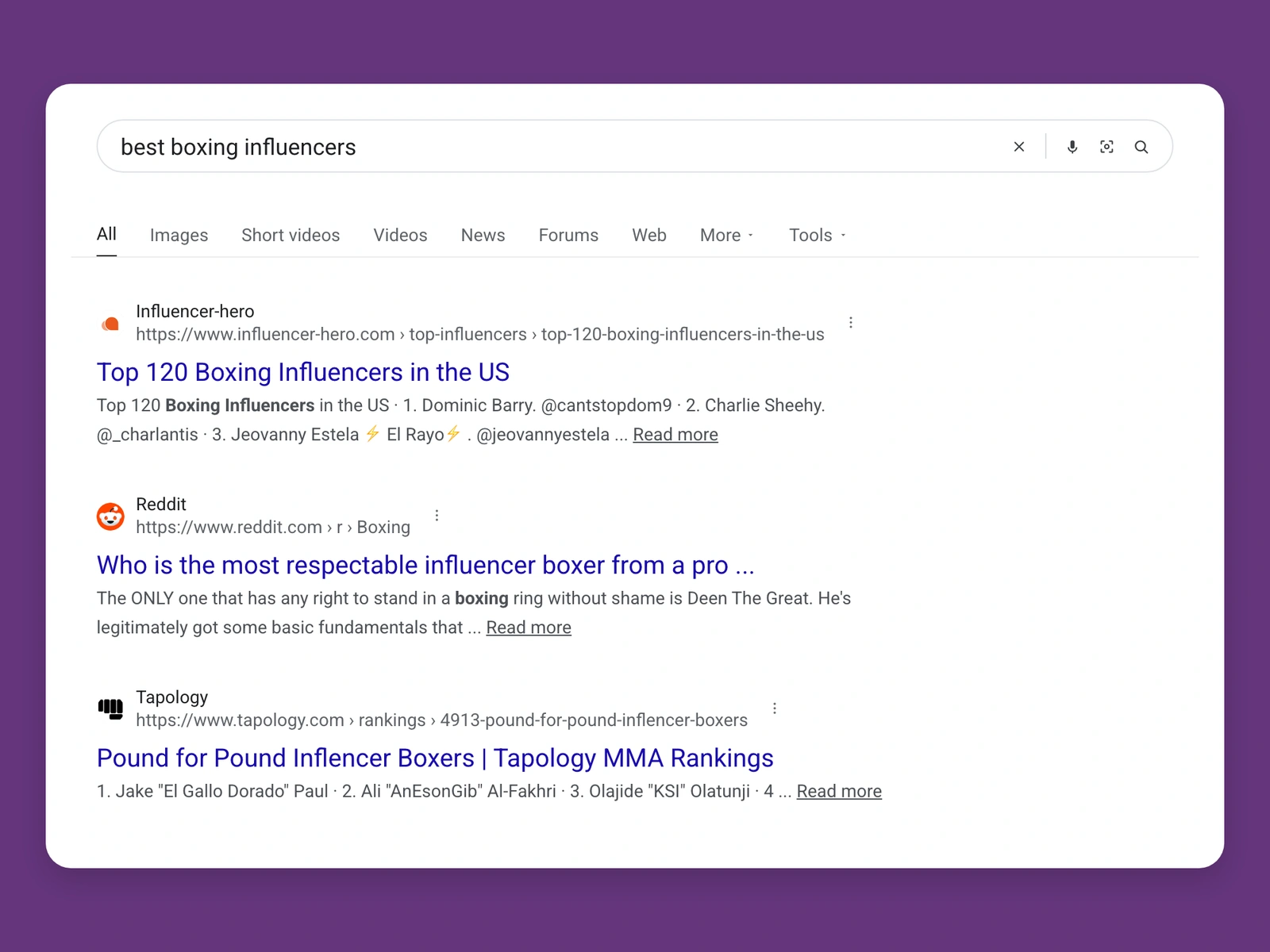 Google results for best boxing bloggers