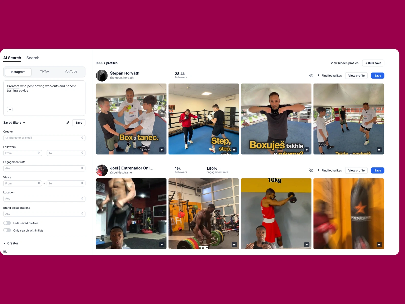 Modash AI search for boxing creators