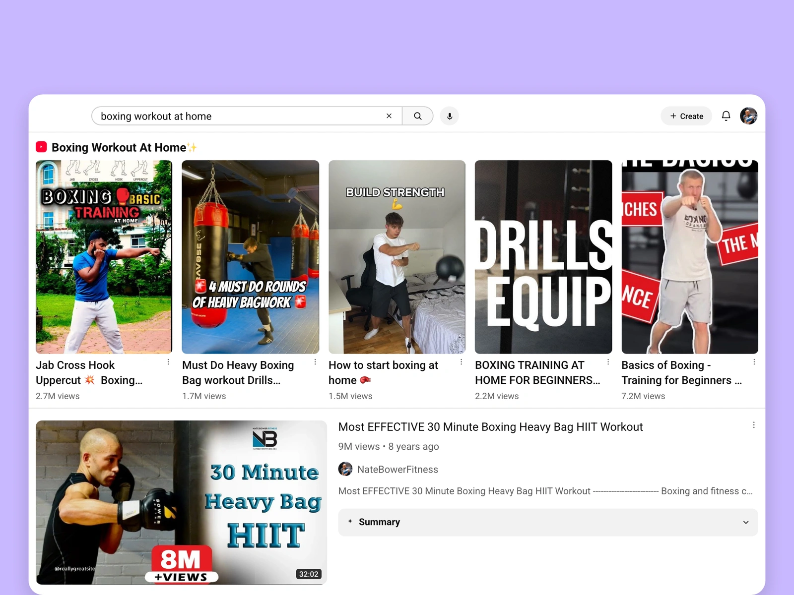 YouTube search results for boxing videos