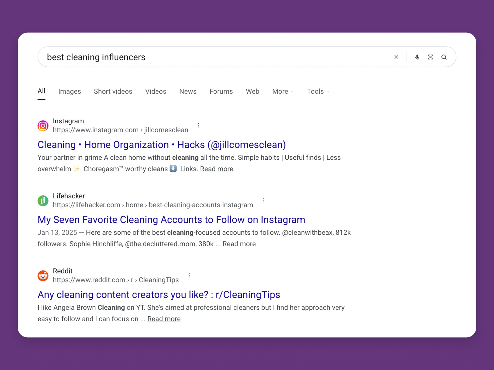 Google results for best cleaning bloggers