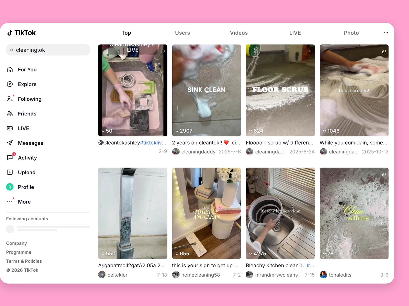 TikTok search results for cleaning content