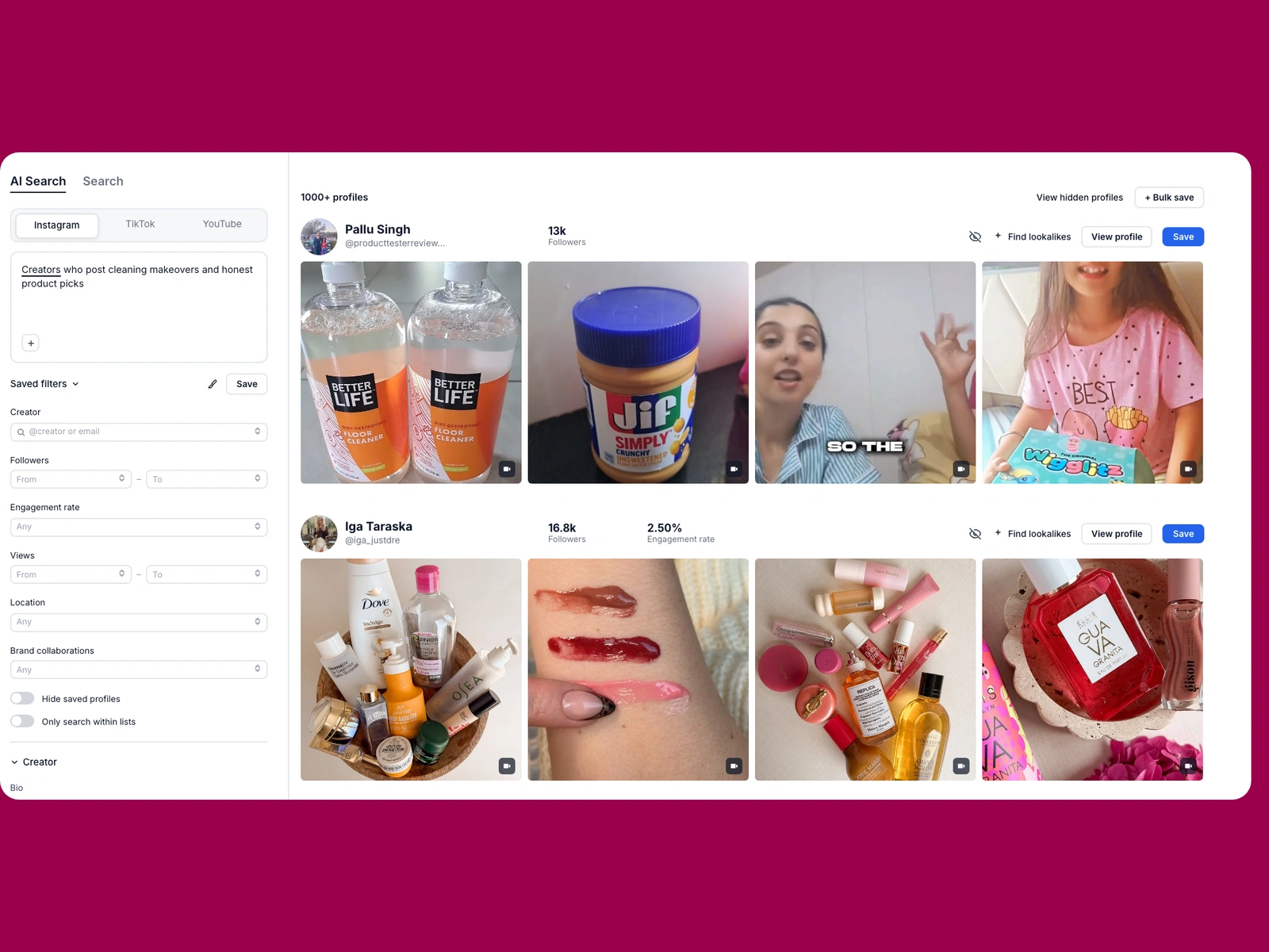 Modash AI search for cleaning creators