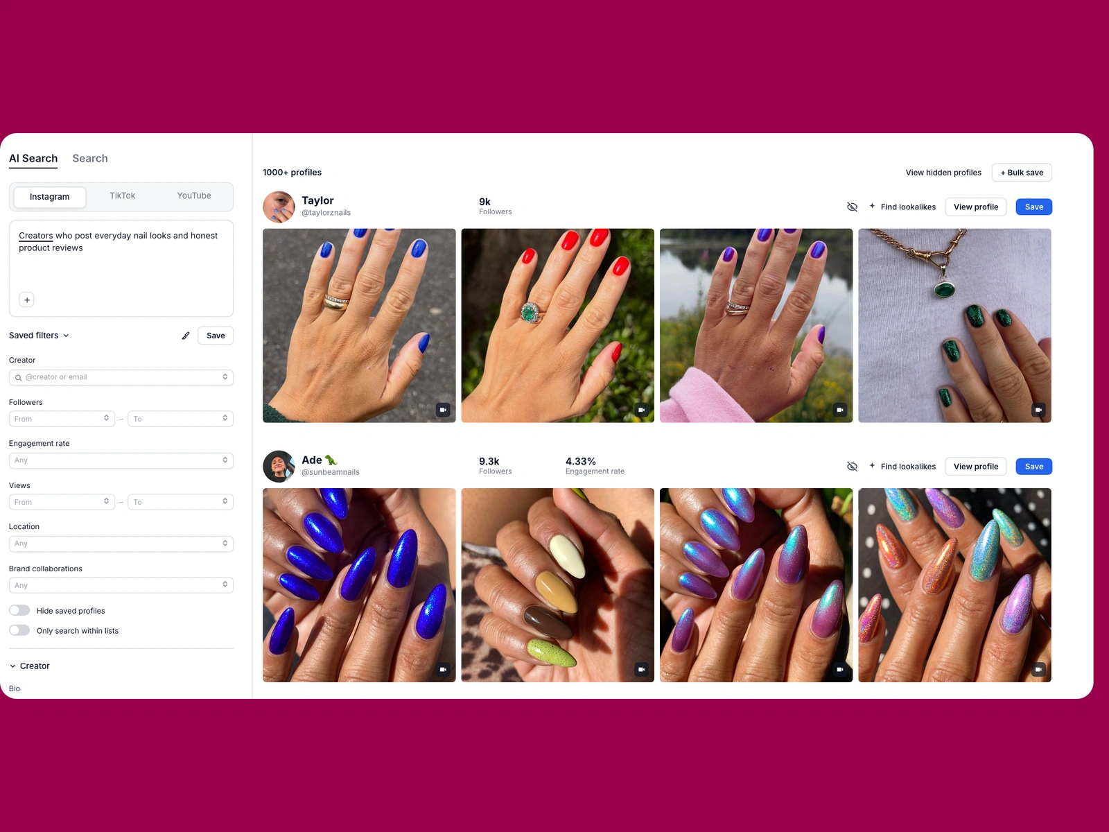 Modash AI search for nail creators