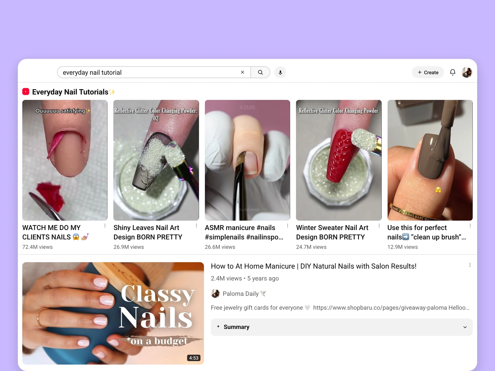 YouTube search results for nail videos