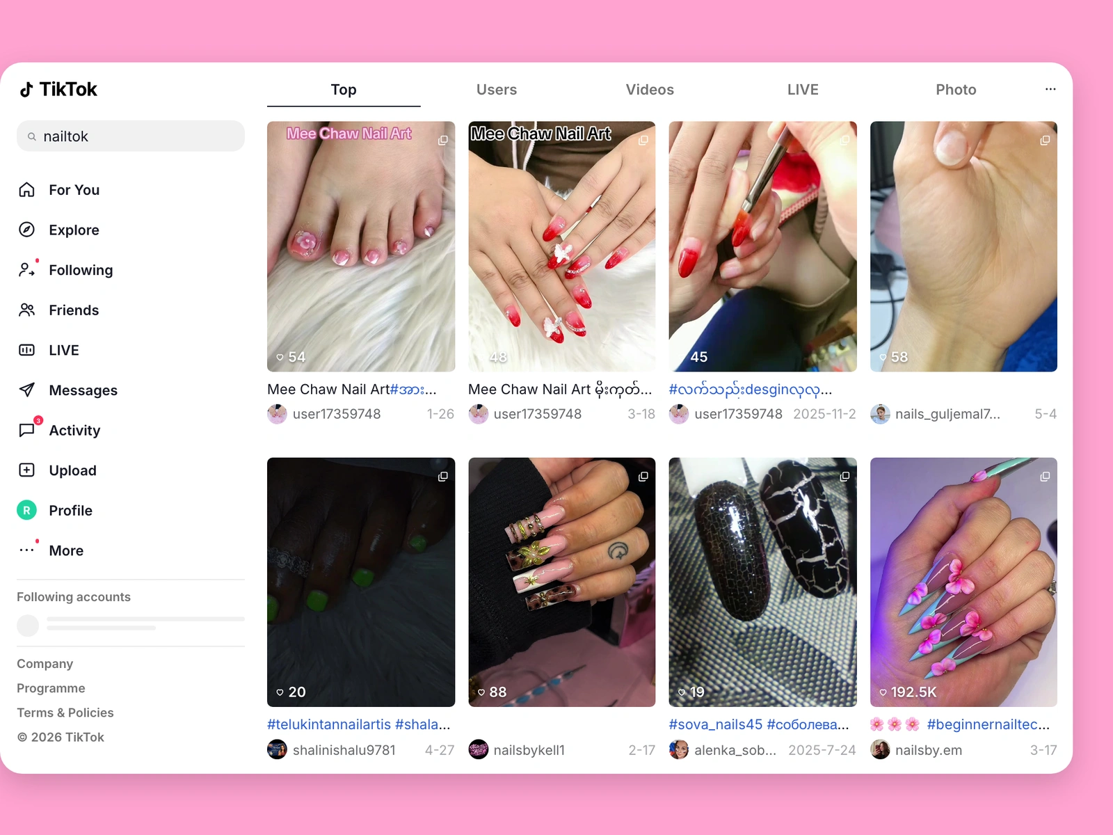 TikTok search results for nail content
