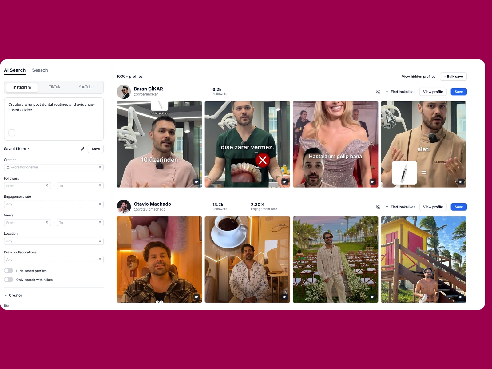 Modash AI search for dental creators