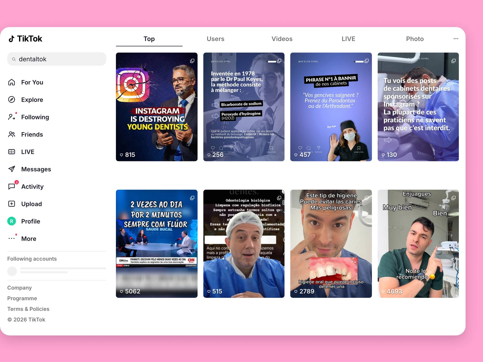 TikTok search results for dental content