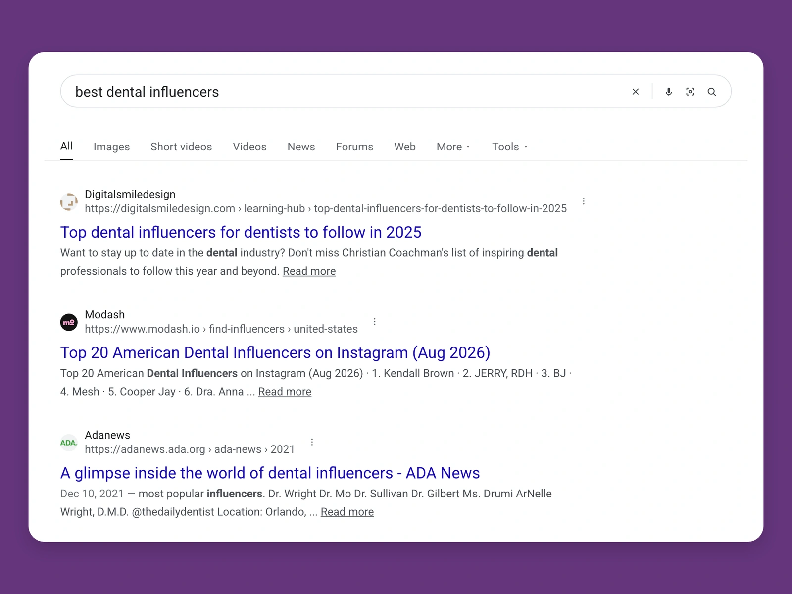 Google results for best dental bloggers