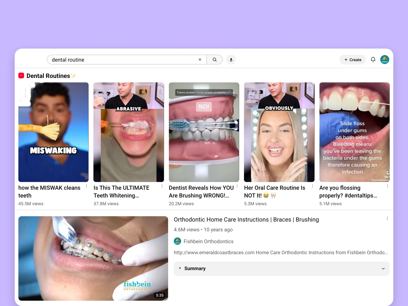 YouTube search results for dental videos