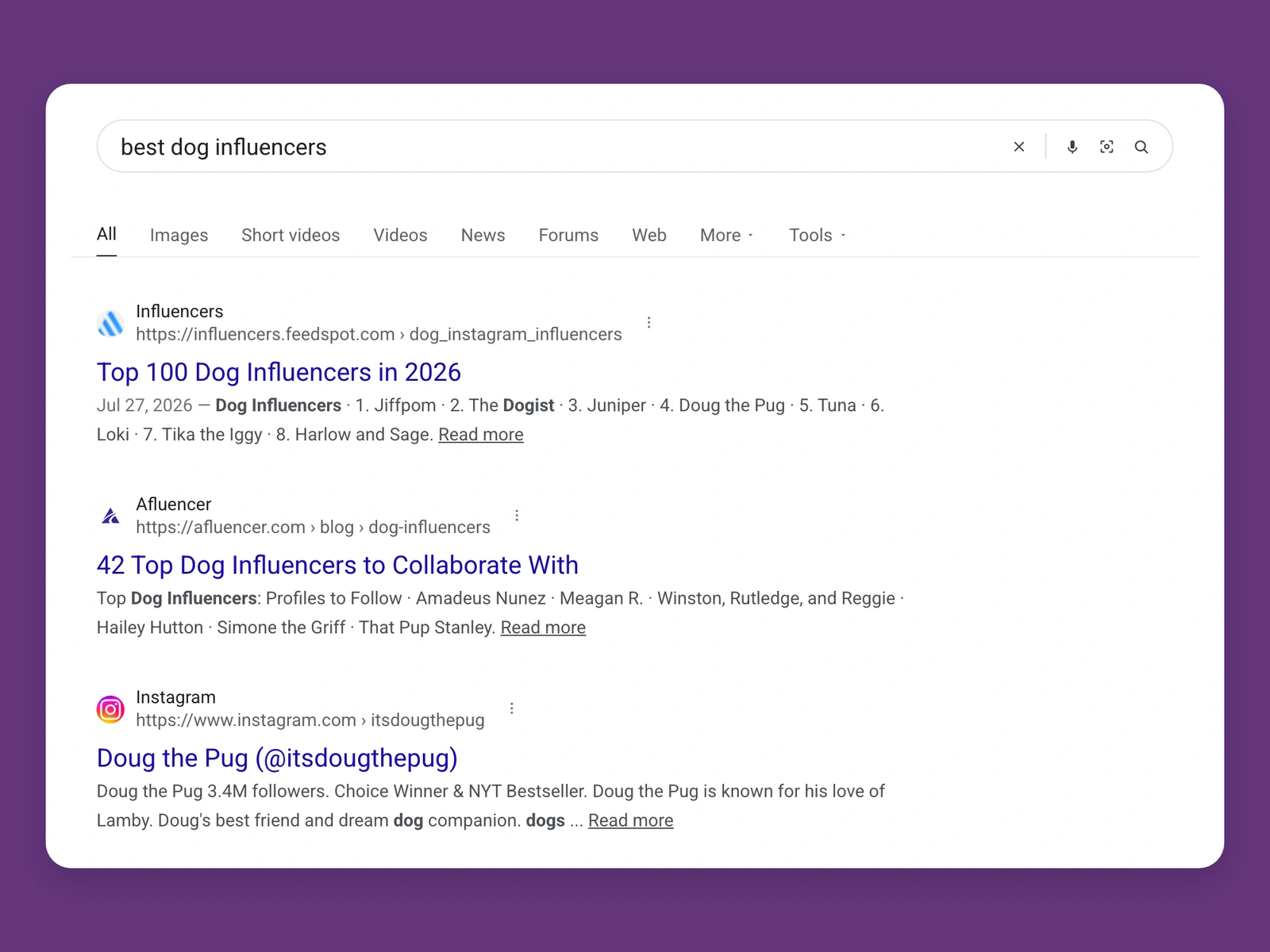 Google results for best dog bloggers