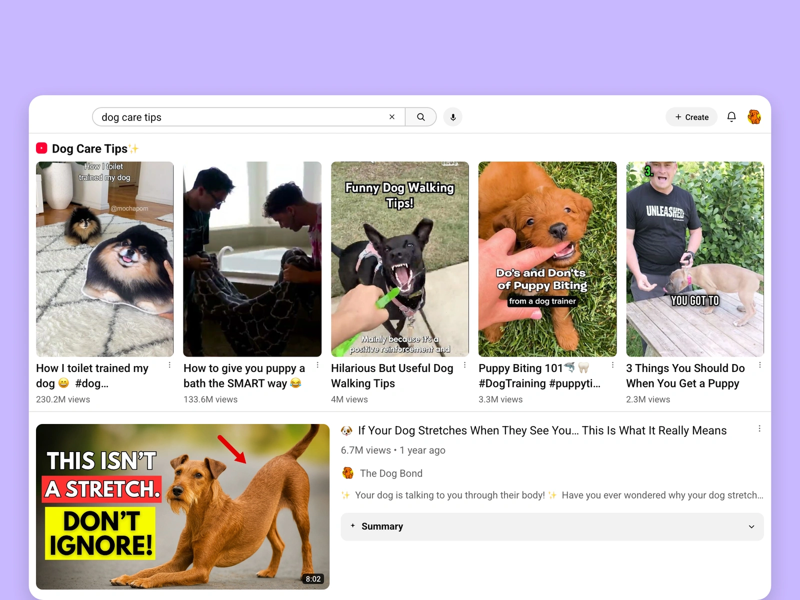 YouTube search results for dog videos