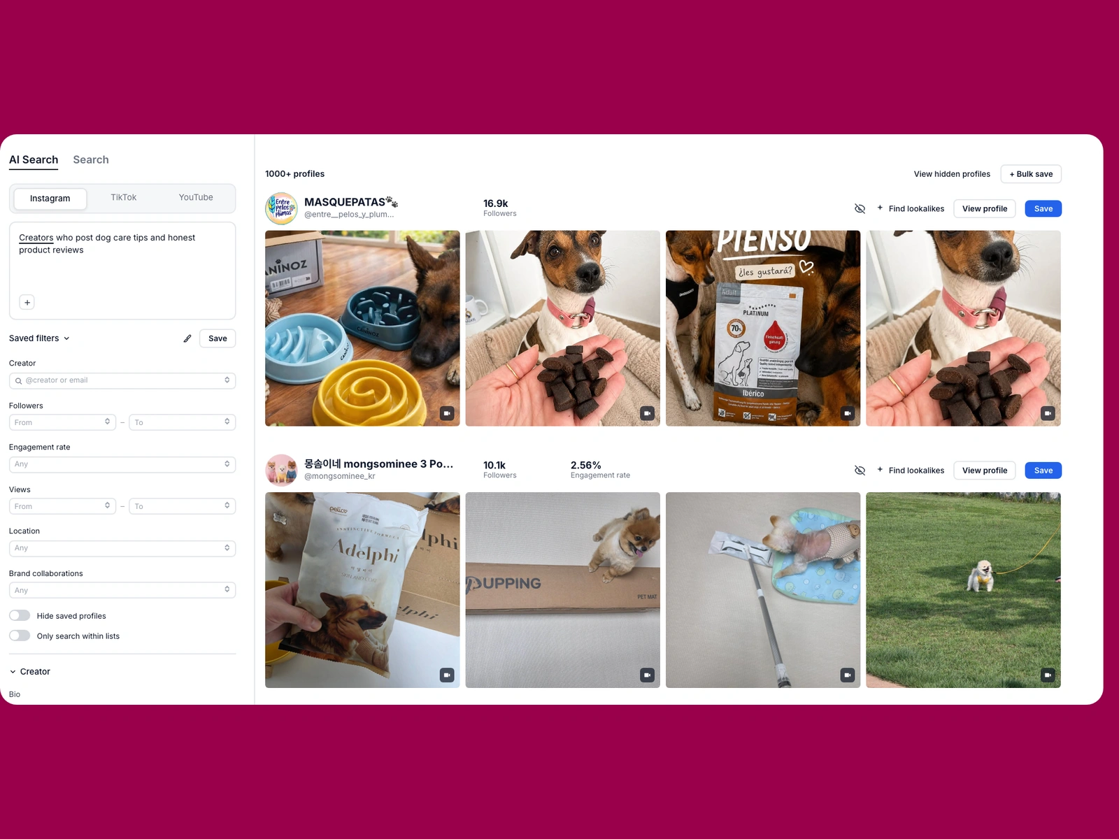 Modash AI search for dog creators