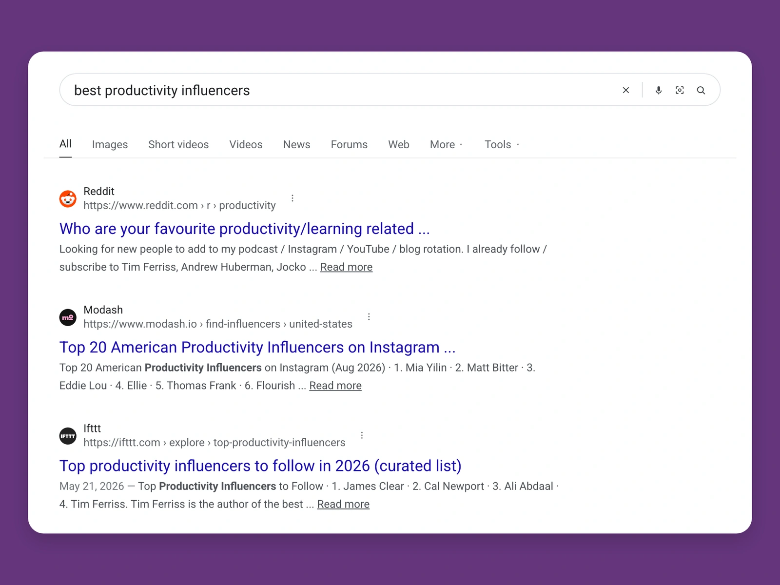 Google results for best productivity bloggers