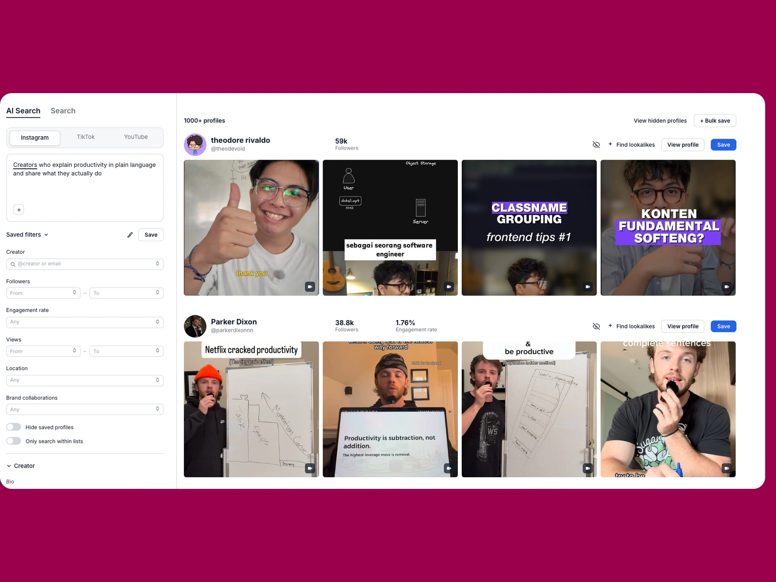 Modash AI search for productivity creators