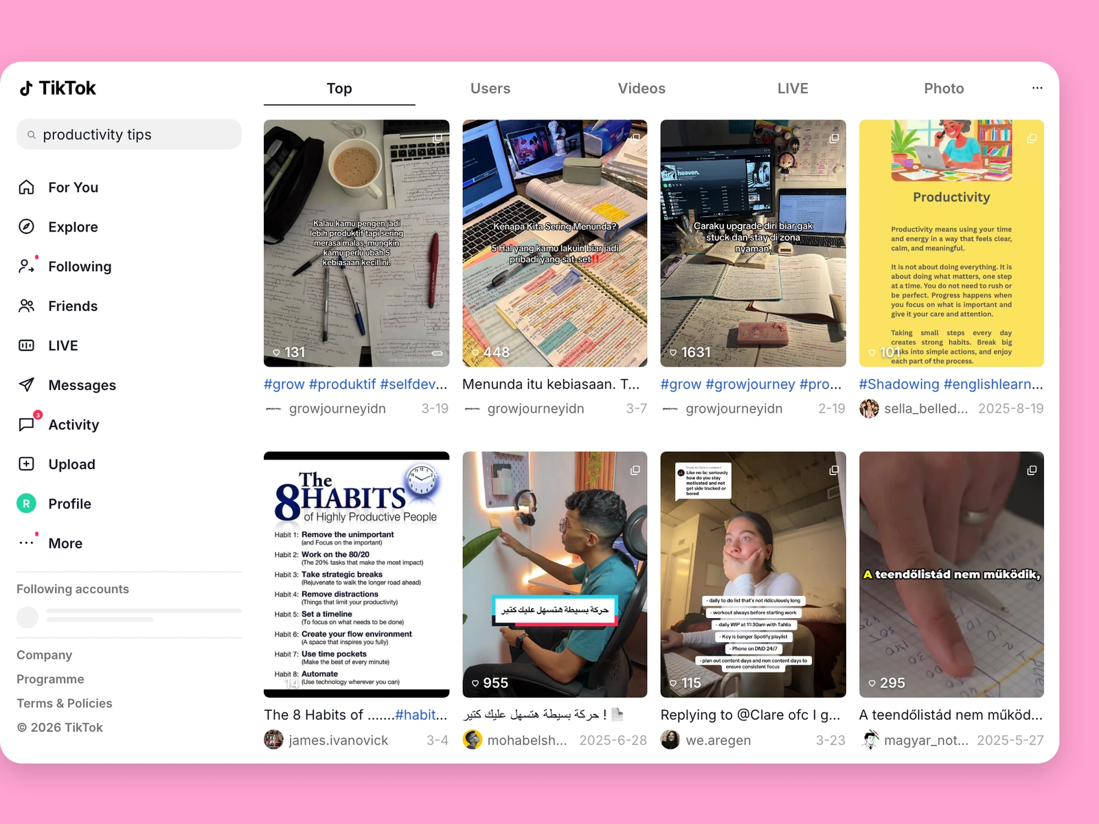 TikTok search results for productivity content