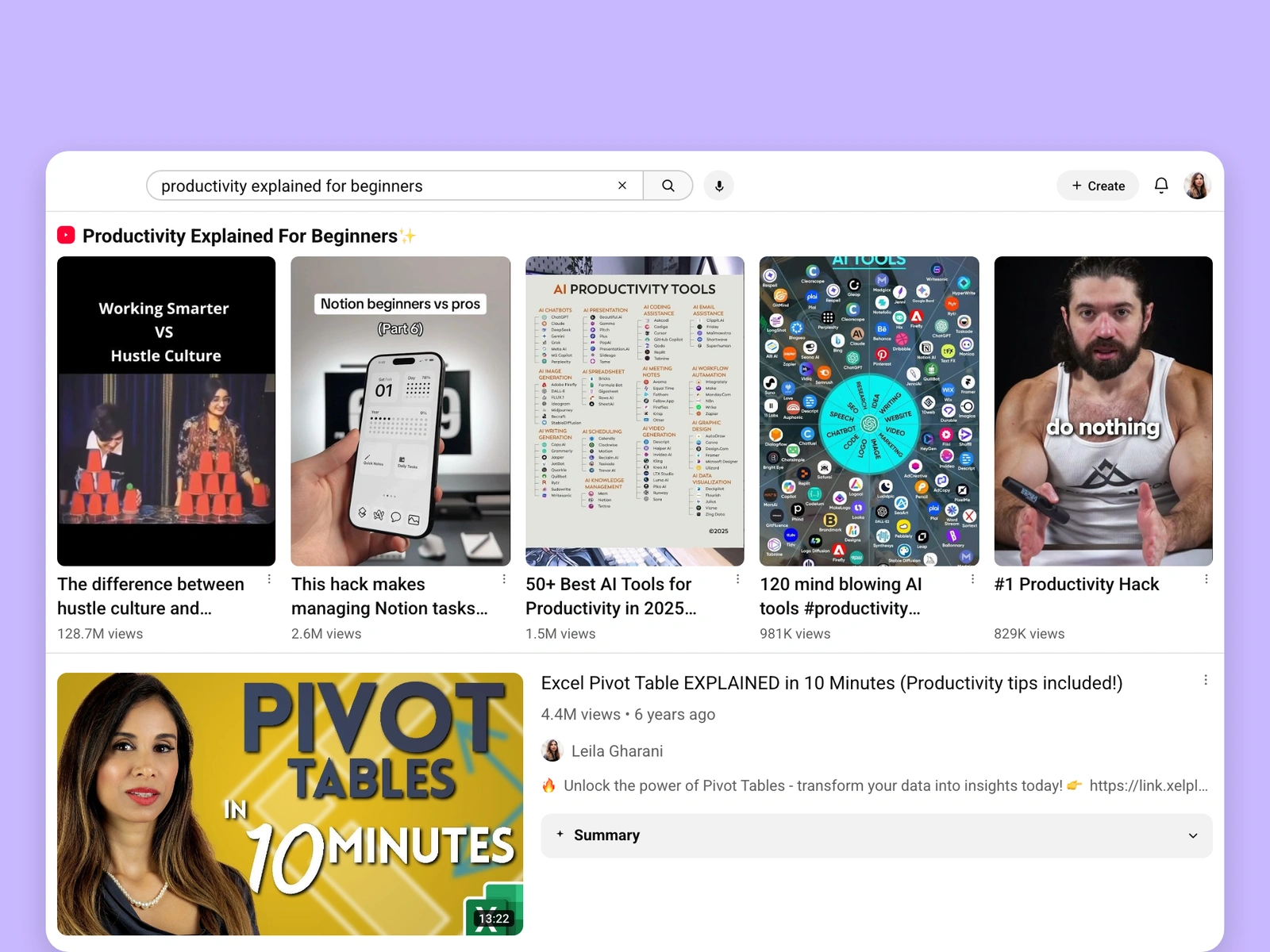 YouTube search results for productivity videos