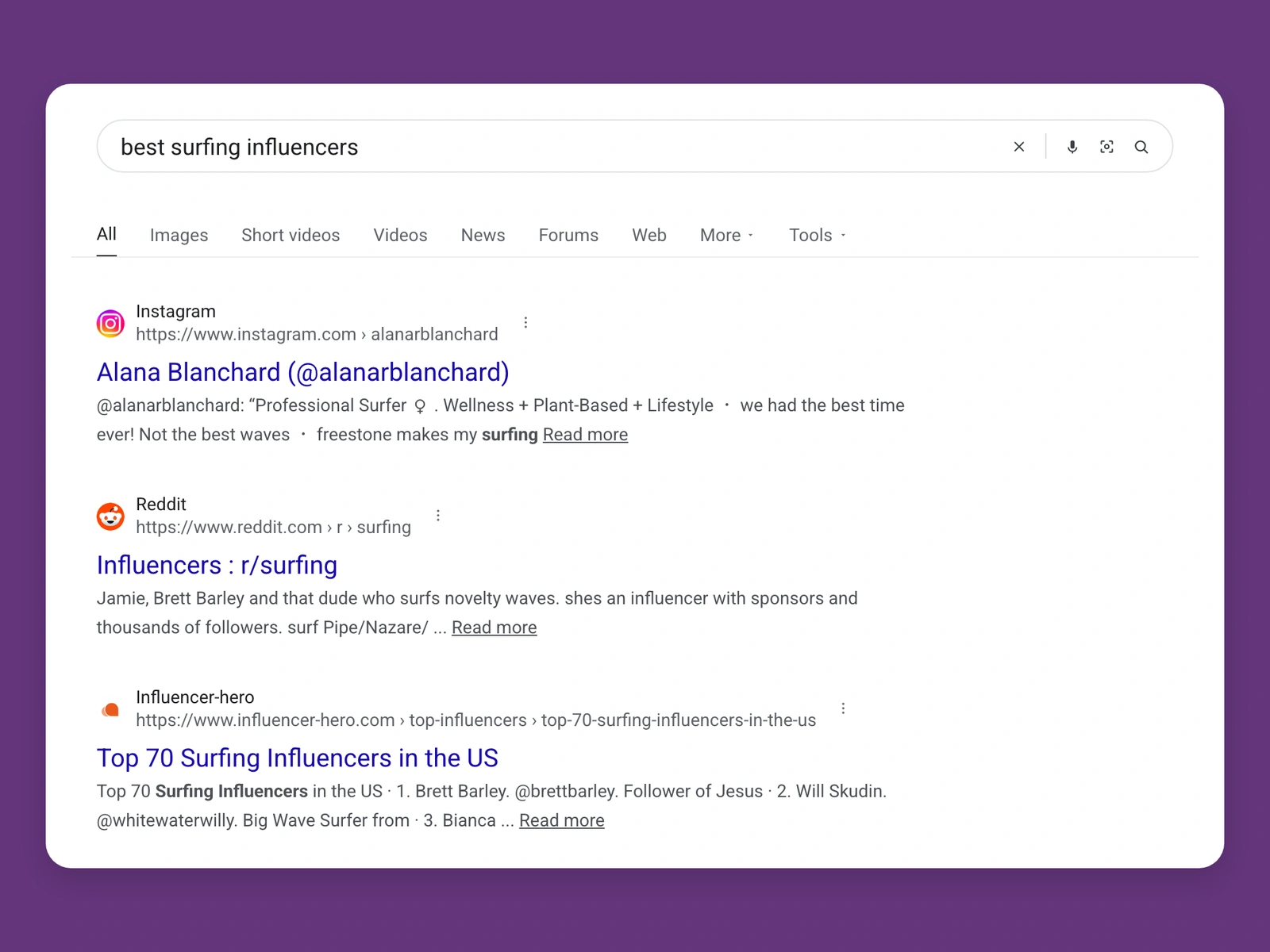 Google results for best surfing bloggers