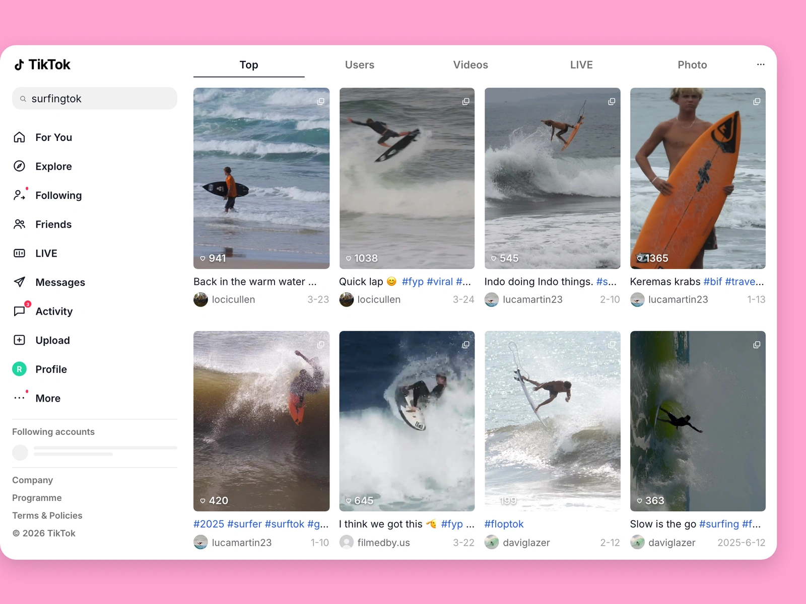 TikTok search results for surfing content