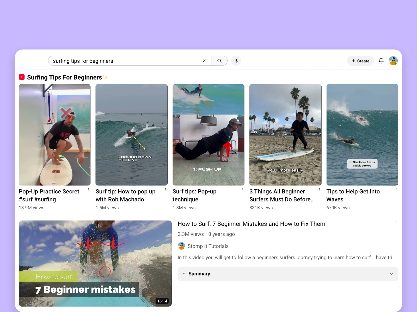 YouTube search results for surfing videos