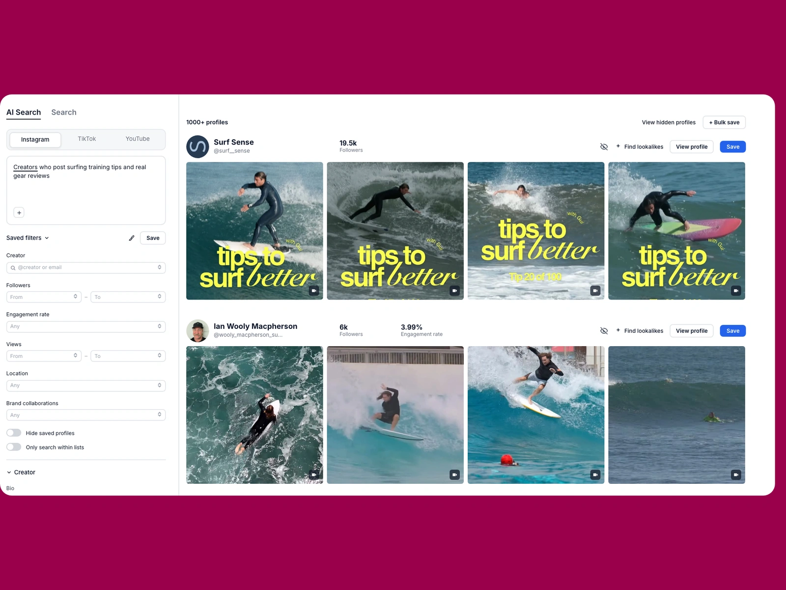 Modash AI search for surfing creators