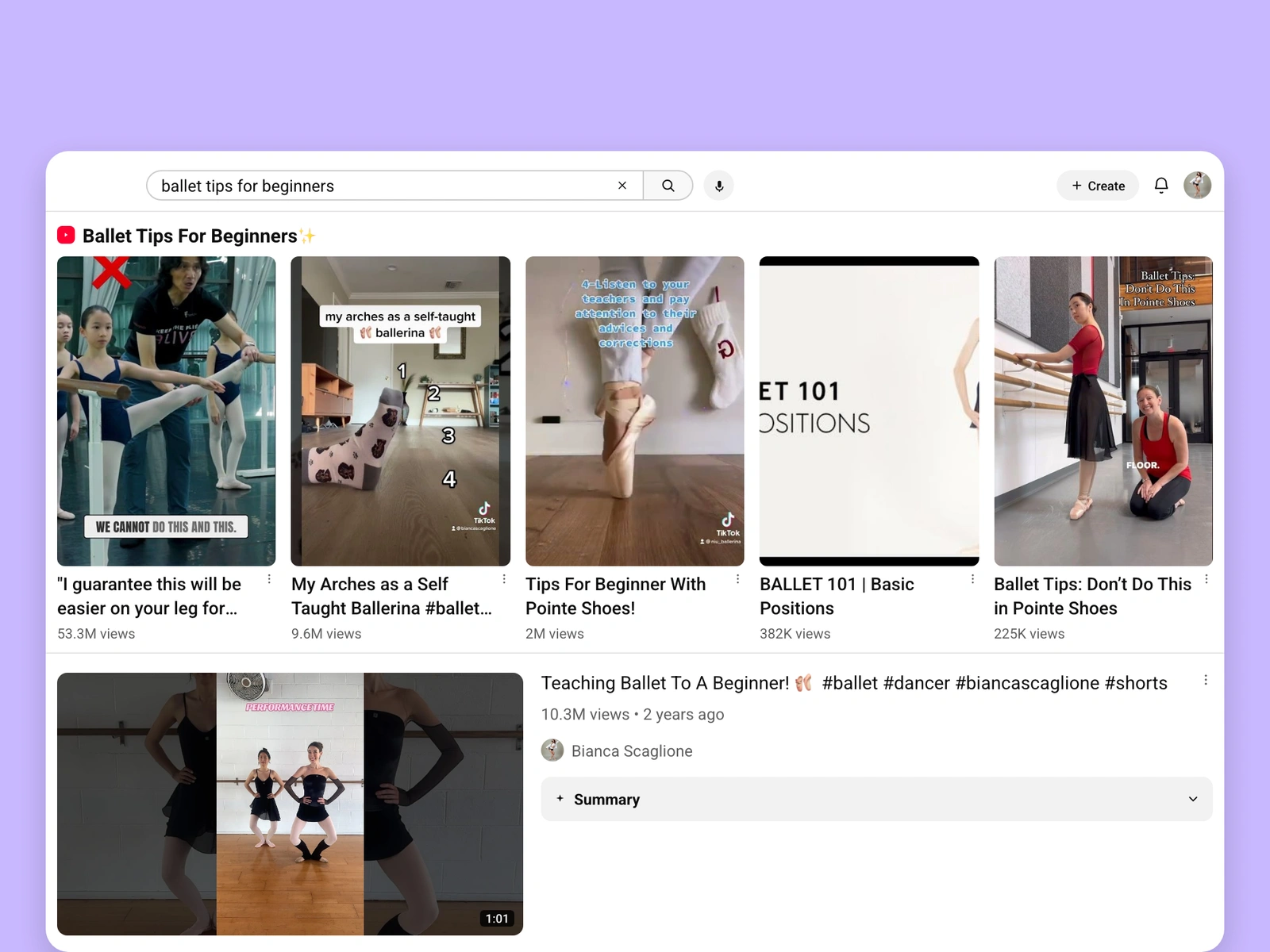 YouTube search results for ballet videos