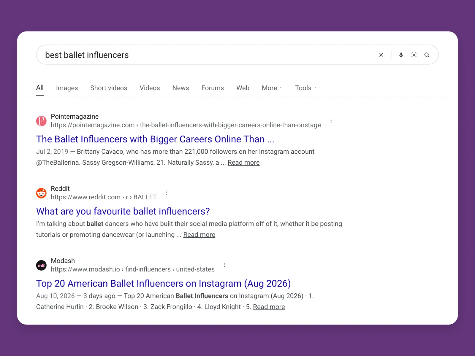 Google results for best ballet bloggers