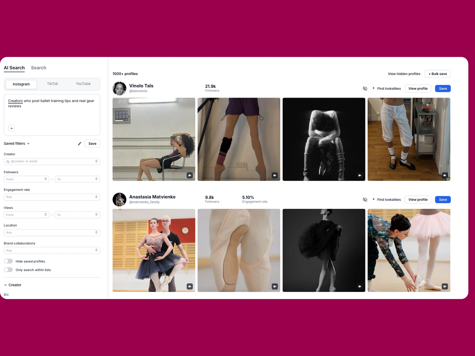 Modash AI search for ballet creators