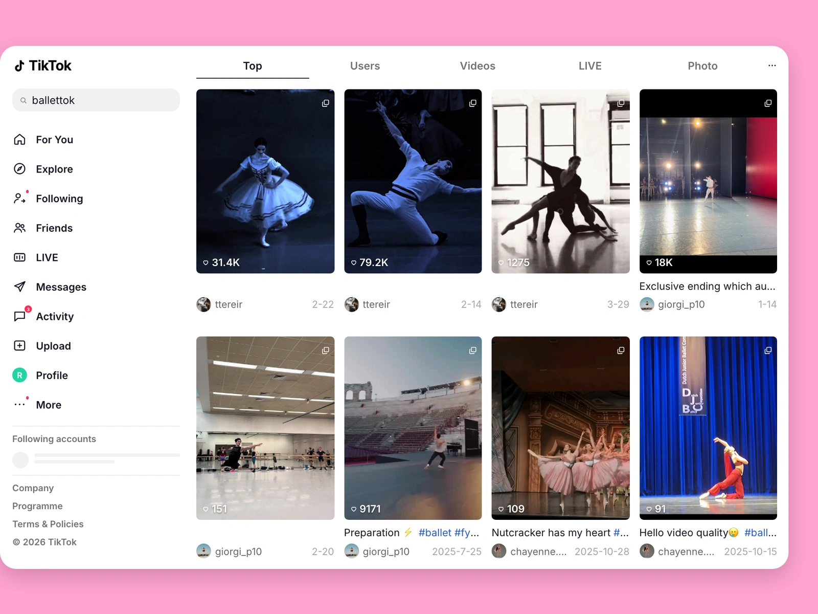 TikTok search results for ballet content