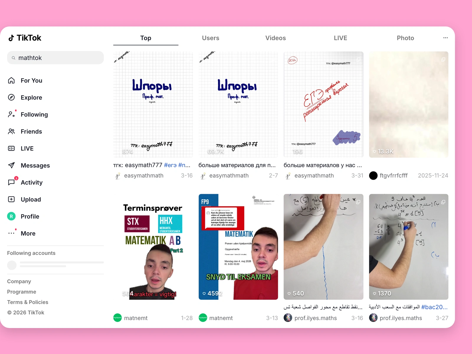 TikTok search results for math content