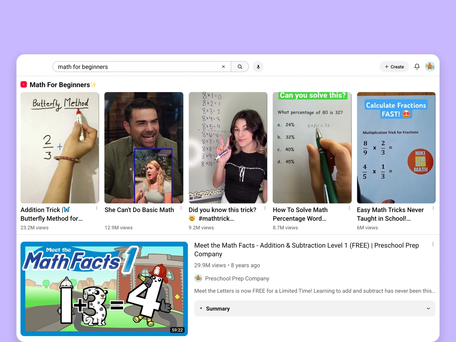 YouTube search results for math videos