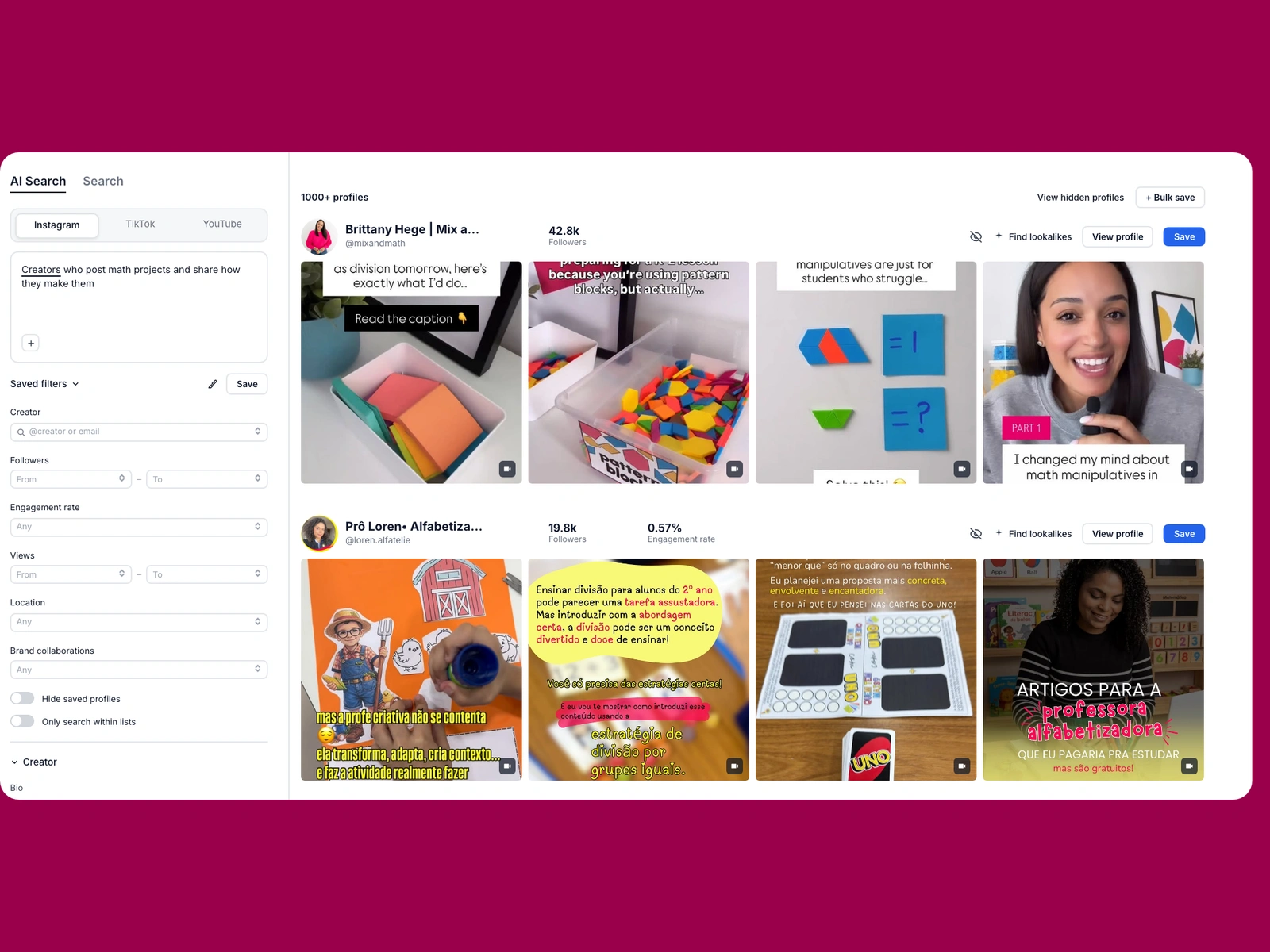 Modash AI search for math creators