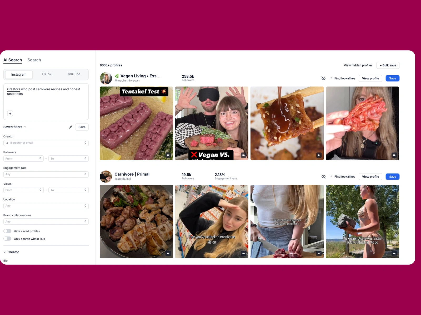 Modash AI search for carnivore creators