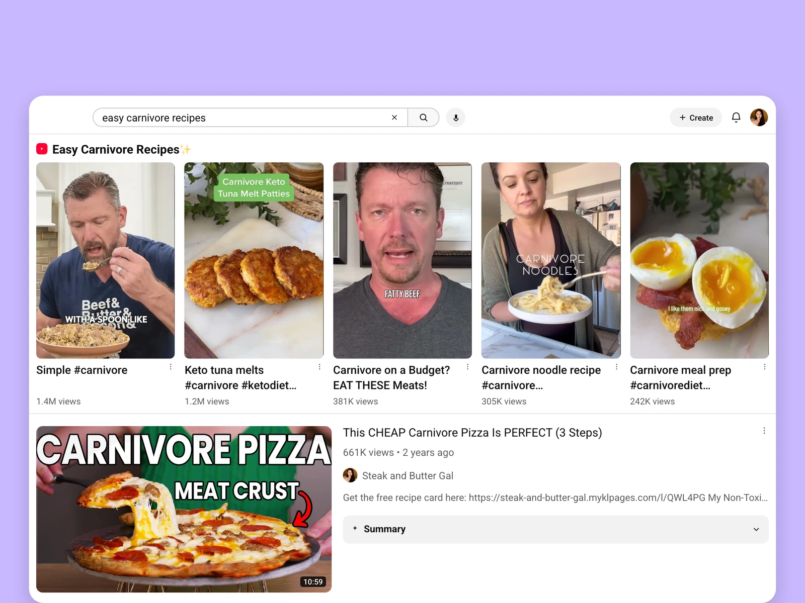 YouTube search results for carnivore videos
