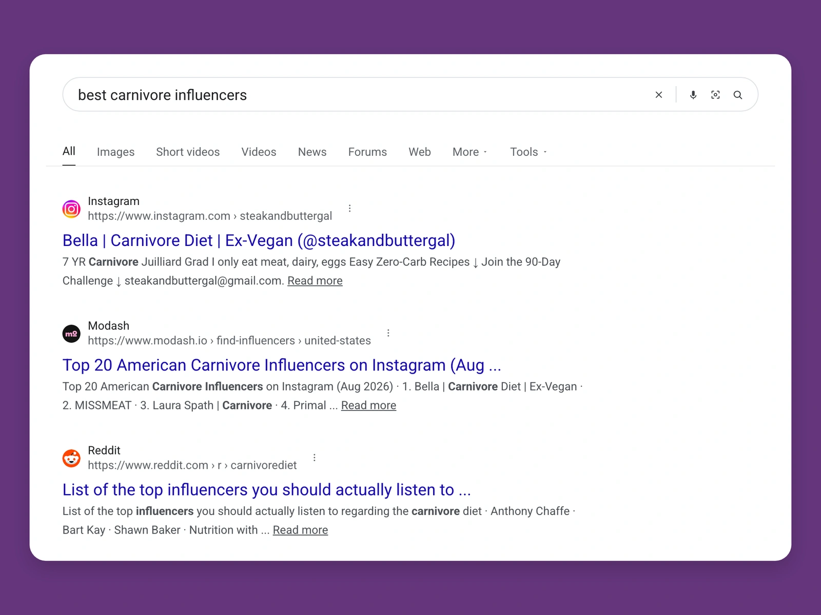 Google results for best carnivore bloggers