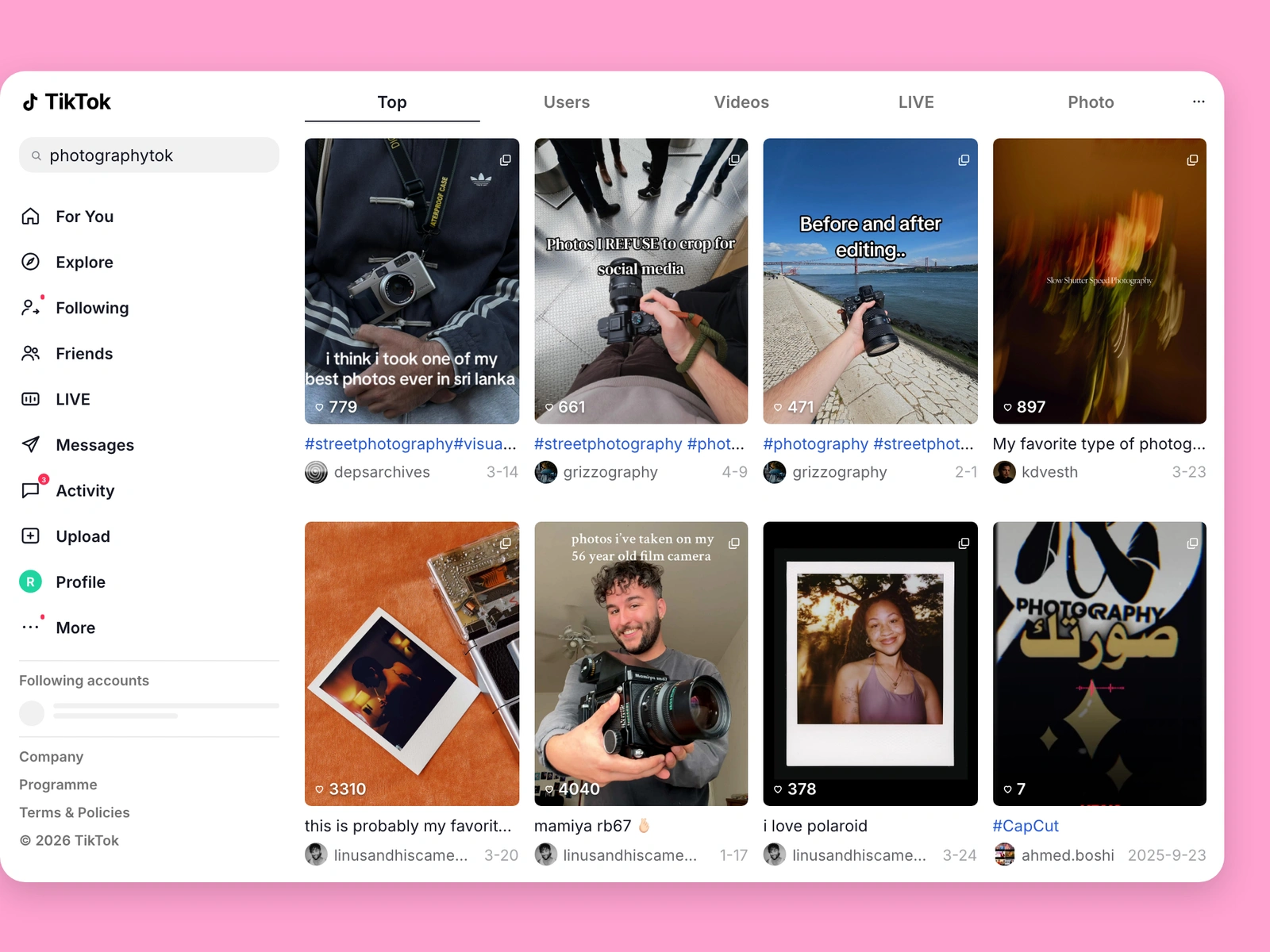 TikTok search results for photography content