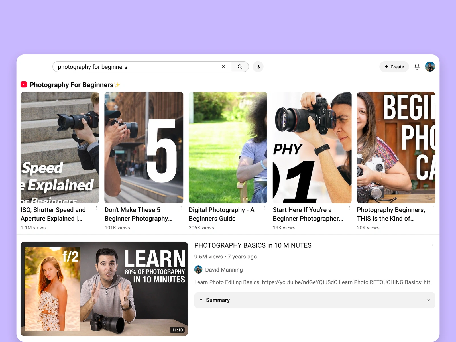 YouTube search results for photography videos