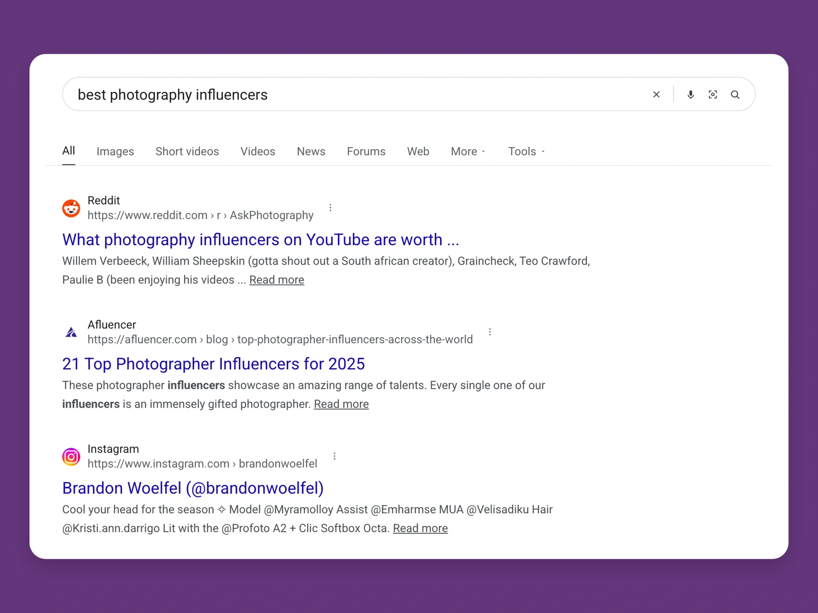 Google results for best photography bloggers
