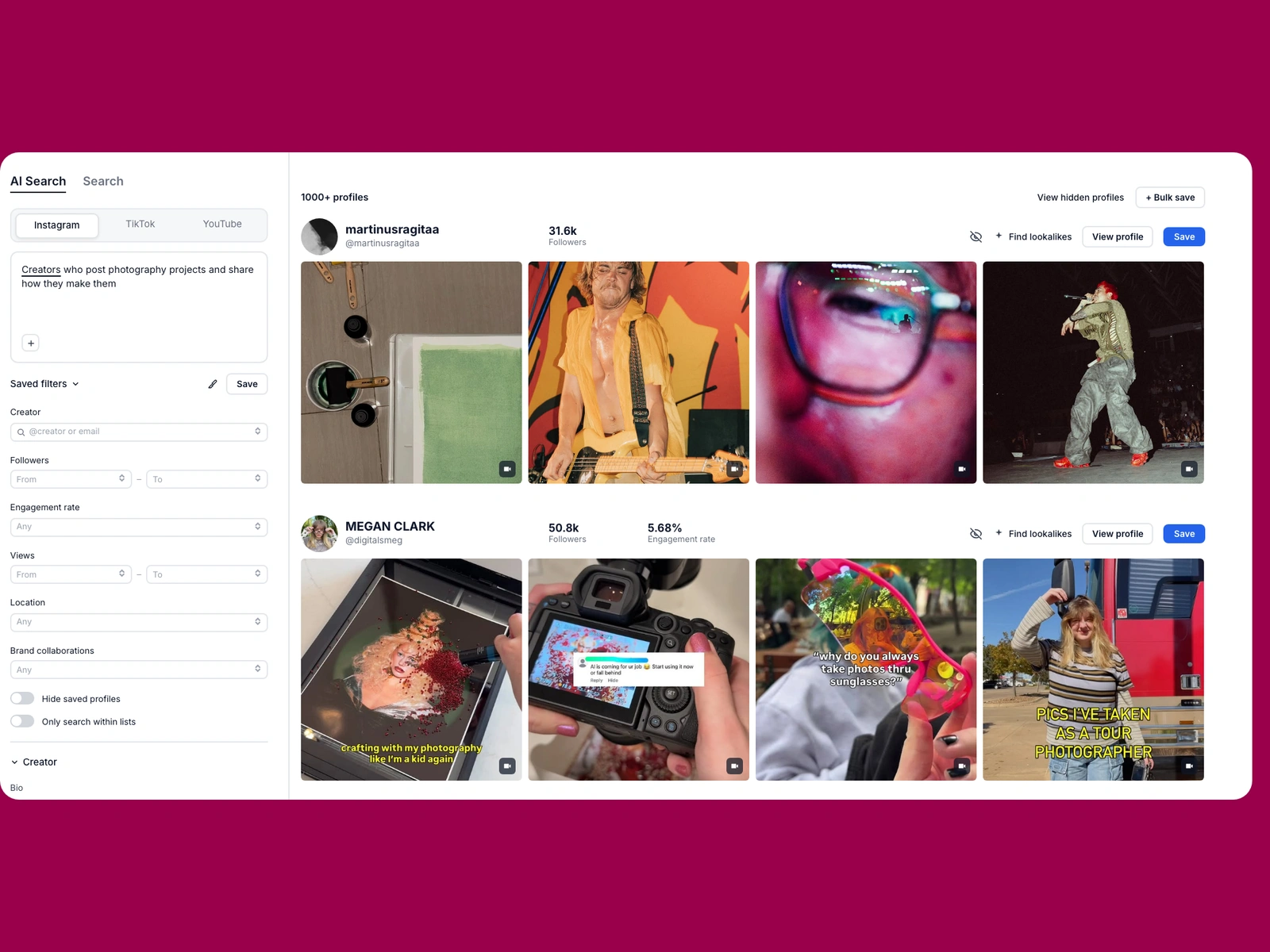 Modash AI search for photography creators